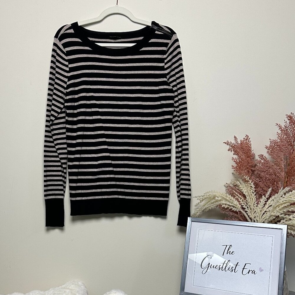 Express Black and Cream Striped Sweater with Zipper on One Shoulder